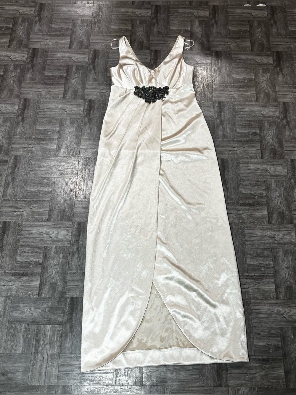 JS Collection Champagne Gown Dress With Beaded Appliqué Size 8